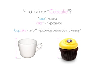 Что такое “Cupcake”?
              “cup”- чашка
            “cake” - пирожное
Cupcake - это “пирожное размером с чашку”
 