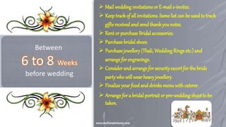 Between 
6 to 8 Weeks 
before wedding 
 Mail wedding invitations or E-mail e-invites. 
 Keep track of all invitations. Same list can be used to track 
gifts received and send thank you notes. 
 Rent or purchase Bridal accessories. 
 Purchase bridal shoes. 
 Purchase jewellery (Thali, Wedding Rings etc.) and 
arrange for engravings. 
 Consider and arrange for security escort for the bride 
party who will wear heavy jewellery. 
 Finalize your food and drinks menu with caterer. 
 Arrange for a bridal portrait or pre-wedding shoot to be 
taken. 
www.multimatrimony.com 
 
