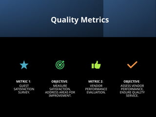Quality Metrics
METRIC 1:
GUEST
SATISFACTION
SURVEY.
OBJECTIVE:
MEASURE
SATISFACTION,
ADDRESS AREAS FOR
IMPROVEMENT.
METRIC 2:
VENDOR
PERFORMANCE
EVALUATION.
OBJECTIVE:
ASSESS VENDOR
PERFORMANCE,
ENSURE QUALITY
SERVICE.
 