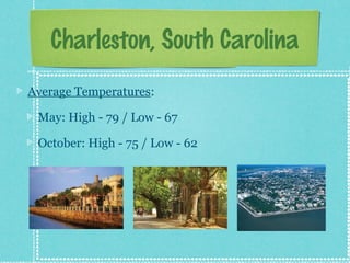 Charleston, South Carolina
Average Temperatures:
May: High - 79 / Low - 67
October: High - 75 / Low - 62

 