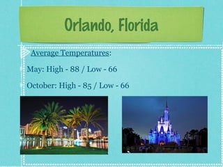 Orlando, Florida
Average Temperatures:
May: High - 88 / Low - 66
October: High - 85 / Low - 66

 