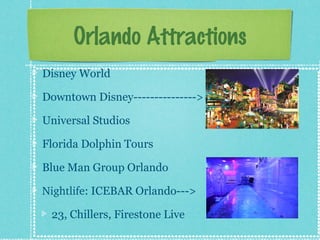 Orlando Attractions
Disney World
Downtown Disney--------------->
Universal Studios
Florida Dolphin Tours
Blue Man Group Orlando
Nightlife: ICEBAR Orlando--->
23, Chillers, Firestone Live

 