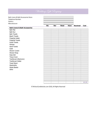 Wedding Gift Registry
Bath Linens & Bath Accessories Store:
Telephone Number:
Pattern:
Manufacturer:
                                                         His       Her        Need      Have   Received   Cost
 Bath Linens & Bath Accessories
 Bath Mat
 Bath Run
 Bath Towels
 Beach Towels
 Fingertip Holder
 Fingertip Towels
 Guest Towels
 Hamper
 Hand Towels
 Scale
 Shower Curtain
 Shower Rings
 Soap dish
 Tissue Cover
 Toothbrush (Electronic)
 Toothbrush Holder
 Towel Stand
 Washcloths
 Waste Basket
 Other




                                                                                                          $0.00


                                   © WicksnCandlesticks.com 2010, All Rights Reserved
 