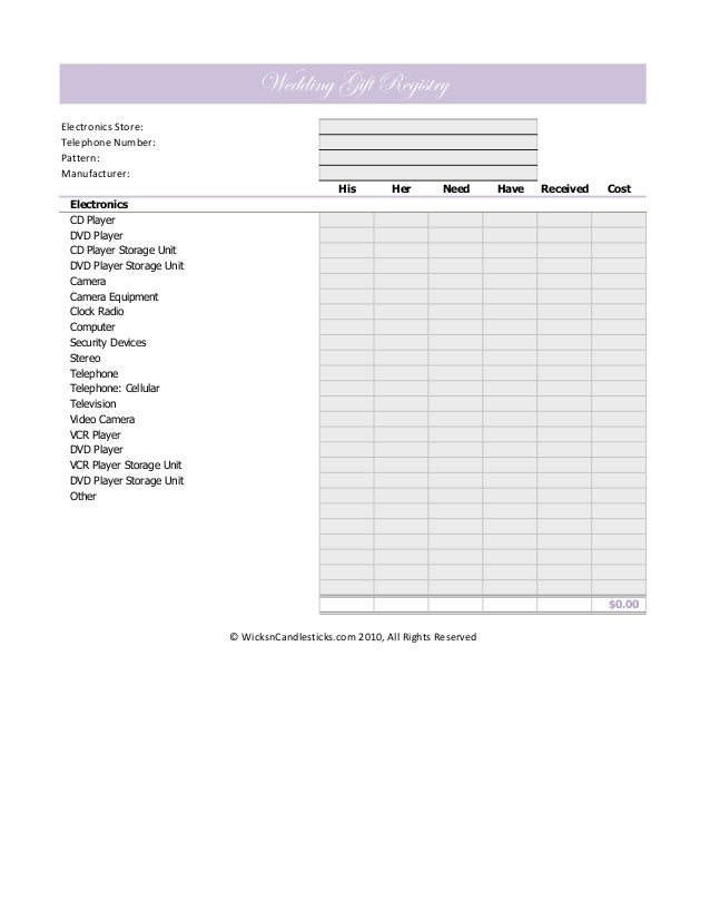 Wedding Gift Registry Checklist