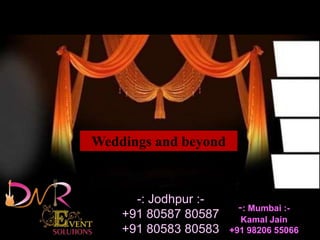 Venue
Decoration
Catering
Videography
Photography
Generator
Utilities
Weddings and beyond
-: Mumbai :-
Kamal Jain
+91 98206 55066
-: Jodhpur :-
+91 80587 80587
+91 80583 80583
 