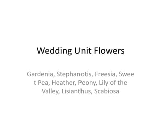 Wedding Unit Flowers

Gardenia, Stephanotis, Freesia, Swee
  t Pea, Heather, Peony, Lily of the
     Valley, Lisianthus, Scabiosa
 