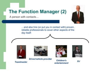 The Function Manager (2)
A person with contacts…
…and also hire (or put you in contact with) proven,
reliable professionals to cover other aspects of the
day itself:
Toastmaster
Driver/vehicle provider
Children's
entertainment
DJ
 