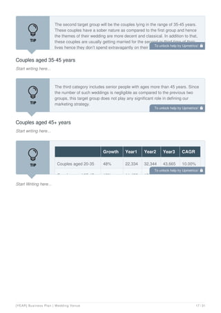 Couples aged 35-45 years
Start writing here...
The second target group will be the couples lying in the range of 35-45 years.
These couples have a sober nature as compared to the first group and hence
the themes of their wedding are more decent and classical. In addition to that,
these couples are usually getting married for the second or third time of their
lives hence they don’t spend extravagantly on their weddings. Considering the
Couples aged 45+ years
Start writing here...
The third category includes senior people with ages more than 45 years. Since
the number of such weddings is negligible as compared to the previous two
groups, this target group does not play any significant role in defining our
marketing strategy.
Start Writing here...
Growth Year1 Year2 Year3 CAGR
Couples aged 20-35 48% 22,334 32,344 43,665 10.00%
Couples aged 35-45 18% 11,433 13,344 16,553 13.43%
To unlock help try Upmetrics! 
To unlock help try Upmetrics! 
To unlock help try Upmetrics! 
[YEAR] Business Plan | Wedding Venue 17 / 31
 