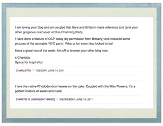 Blogging Nuts
   and Bolts:
       Commenting


     Read and comment
(intelligently) on other blogs

  Short Cut: Google Reader
    Short Cut: Blog Ro#s
 