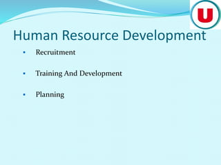 Human Resource Development
 Recruitment
 Training And Development
 Planning
 