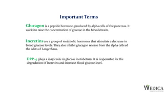 Glucagon is a peptide hormone, produced by alpha cells of the pancreas. It
works to raise the concentration of glucose in the bloodstream.
Incretins are a group of metabolic hormones that stimulate a decrease in
blood glucose levels. They also inhibit glucagon release from the alpha cells of
the islets of Langerhans.
DPP-4 plays a major role in glucose metabolism. It is responsible for the
degradation of incretins and increase blood glucose level.
Important Terms
 