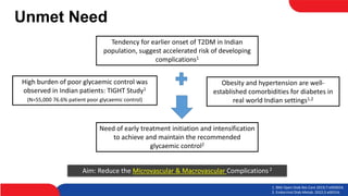 Unmet Need
Aim: Reduce the Microvascular & Macrovascular Complications2
Obesity and hypertension are well-
established comorbidities for diabetes in
real world Indian settings1,2
High burden of poor glycaemic control was
observed in Indian patients: TIGHT Study1
(N=55,000 76.6% patient poor glycaemic control)
Tendency for earlier onset of T2DM in Indian
population, suggest accelerated risk of developing
complications1
Need of early treatment initiation and intensification
to achieve and maintain the recommended
glycaemic control2
1. BMJ Open Diab Res Care 2019;7:e000654.
2. Endocrinol Diab Metab. 2022;5:e00316.
 