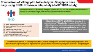 Comparison of Vildagliptin twice daily vs. Sitagliptin once
daily using CGM: Crossover pilot study (J-VICTORIA study)
Patient Population: T2DM patients with poor control (HbA1c 6.5–9.5%) in spite of diet and exercise
therapy for 1 month or longer, with or without oral antidiabetic treatment
N=20
CGM showed that mean 24-h blood glucose, MAGE, highest blood glucose level after supper, and hyperglycemia after
breakfast were significantly lower in patients with type 2 diabetes mellitus taking Vildagliptin than those taking Sitagliptin
1) Mean 24-hour blood glucose level
2) Mean amplitude of glycemic excursions (MAGE)
3) FBG levels
4) Highest PPBG level and time,
5) Increase in blood glucose level after each meal
6) AUC for blood glucose level ≥180 mg/dL
within 3 hours after each meal
7) AOC for daily blood glucose level <70 mg/dL
Sakamoto et al. Cardiovascular Diabetology 2012, 11:92
Higher level of DPP-4 inhibition over 24 h in
patients taking Vildagliptin, compared with patients
taking Sitagliptin, inhibits the destruction of incretin,
which enhances endogenous insulin secretion,
thereby improving MAGE and achieving a more stable
reduction in blood glucose levels.
 