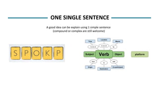 ONE SINGLE SENTENCE
A good idea can be explain using 1 simple sentence
(compound or complex are still welcome)
platform
 