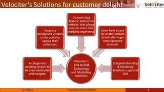 Velociter’s Solutions for customer delight
Velociter’s
End to End
Technology
and Marketing
solutions
A categorised
wedding section to
let users easily plan
and navigate
Access to
handpicked vendors
to the portal to
upload their
collection ;
Dynamic blog
feature built in the
website that allows
users to share their
wedding experiencs Users have access
to vendor contact
details after login
with registered
accounts
Complete Branding
& Marketing
Solutions- Logo and
SEO
4Proprietary and Confidential4/17/2014
 