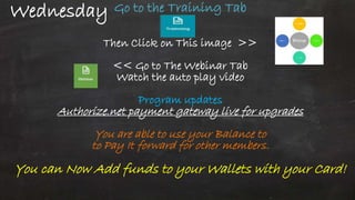 Wednesday Go to the Training Tab
Then Click on This image >>
<< Go to The Webinar Tab
Watch the auto play video
Program updates
Authorize.net payment gateway live for upgrades
You are able to use your Balance to
to Pay It forward for other members.
You can Now Add funds to your Wallets with your Card!
 