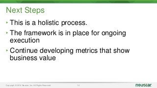 Next Steps 
‣ This is a holistic process. 
‣ The framework is in place for ongoing 
execution 
‣ Continue developing metrics that show 
business value 
Copyright © 2014 Neustar, Inc. All Rights Reserved 12 
 