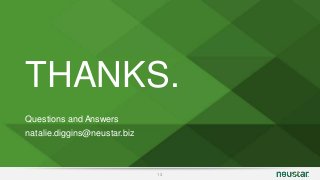 THANKS. 
13 
Questions and Answers 
natalie.diggins@neustar.biz 
