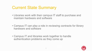Current State Summary
• Libraries work with their campus IT staff to purchase and
maintain hardware and software
• Campus ...