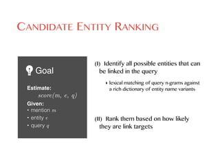 Estimate:
score(m, e, q)
Given:
• mention m
• entity e
• query q
CANDIDATE ENTITY RANKING
(I) Identify all possible entities that can
be linked in the query
(II) Rank them based on how likely
they are link targets
Goal
‣ lexical matching of query n-grams against
a rich dictionary of entity name variants
 