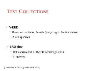 TEST COLLECTIONS
‣ Y-ERD
• Based on the Yahoo Search Query Log to Entities dataset
• 2398 queries
‣ ERD-dev
• Released as part of the ERD challenge 2014
• 91 queries
[Carmel et al. 2014], [Hasibi et al. 2015]
 