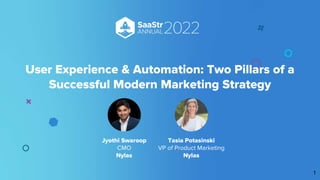 User Experience & Automation: Two Pillars of a
Successful Modern Marketing Strategy
1
Jyothi Swaroop
CMO
Nylas
Tasia Potasinski
VP of Product Marketing
Nylas
 