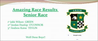 Amazing Race Results
       Senior Race
1st Jakk Wilson GREEN
2nd Jordan Dunlop O’CONNOR
3rd Andrew Kaine TEVLIN


             Well Done Boys!!
 