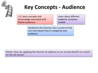 Key Concepts - Audience
L.O learn concepts and
terminology connected with
Media Audiences
Starter: How can applying the theories of audience to our surveys benefit our results
on this A2 course?
Synthesize the theories into a survey to find
out more about how to categorize your
audience.
Learn about different
audience reception
models
 