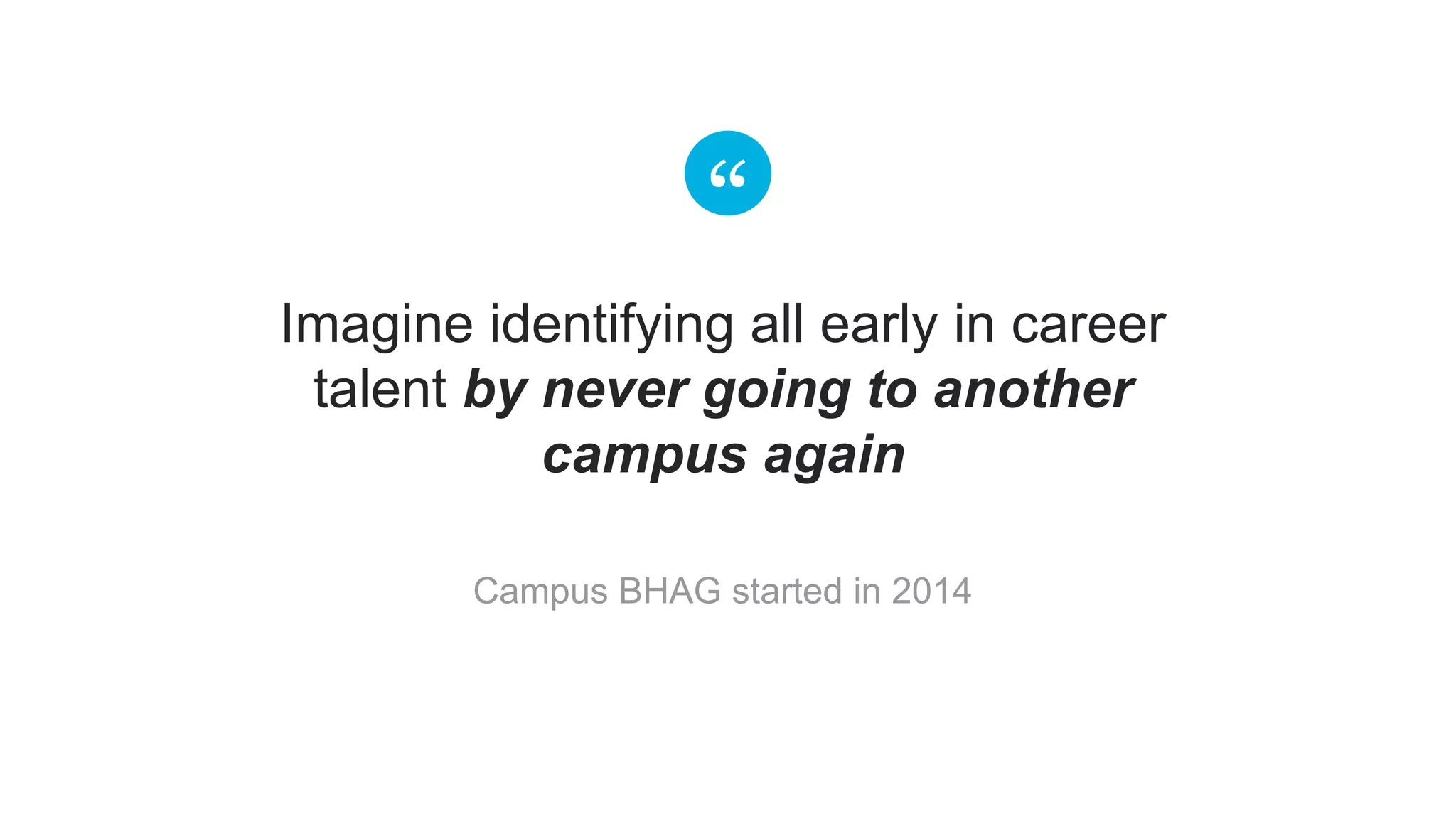 ​ Imagine identifying all early in career
talent by never going to another
campus again
​ Campus BHAG started in 2014
 