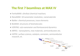● FemtoMAX: ultrafast chemical reactions
● NanoMAX: 10 nanometer resolution, nanomaterials
● Balder: chemical processes, trace elements
● BioMAX: structures of biomolecules
● VERITAS: sub‐nanometer and femtosecond dynamics
● ARPES:  nanosystems, new materials, semiconductors etc.
● HIPPIE: surface science, catalysis, corrosion, semiconductor 
research, et.
The first 7 beamlines at MAX IV
 