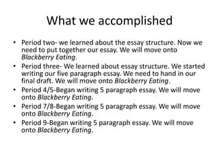 What we accomplished
• Period two- we learned about the essay structure. Now we
  need to put together our essay. We will move onto
  Blackberry Eating.
• Period three- We learned about essay structure. We started
  writing our five paragraph essay. We need to hand in our
  final draft. We will move onto Blackberry Eating.
• Period 4/5-Began writing 5 paragraph essay. We will move
  onto Blackberry Eating.
• Period 7/8-Began writing 5 paragraph essay. We will move
  onto Blackberry Eating.
• Period 9-Began writing 5 paragraph essay. We will move
  onto Blackberry Eating.
 