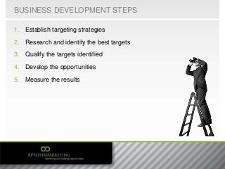 BUSINESS DEVELOPMENT STEPS
1. Establish targeting strategies
2. Research and identify the best targets
3. Qualify the targ...