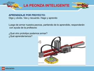 LA PEONZA INTELIGENTE
Luego de armar nuestra peonza, partiendo de lo aprendido, responderán
con ayuda de la profesora:
¿Qué otro prototipo podemos armar?
¿Qué aprenderíamos?
APRENDIZAJE POR PROYECTO:
Oigo y olvido. Veo y recuerdo. Hago y aprendo
 