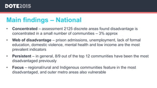 Main findings – National
• Concentrated – assessment 2125 discrete areas found disadvantage is
concentrated in a small number of communities – 3% approx
• Web of disadvantage – prison admissions, unemployment, lack of formal
education, domestic violence, mental health and low income are the most
prevalent indicators
• Persistent – in general, 8/9 out of the top 12 communities have been the most
disadvantaged previously
• Focus – regional/rural and Indigenous communities feature in the most
disadvantaged, and outer metro areas also vulnerable
 