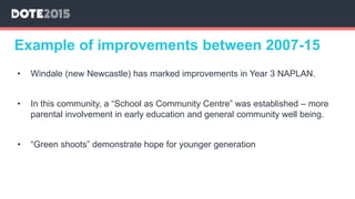 Example of improvements between 2007-15
• Windale (new Newcastle) has marked improvements in Year 3 NAPLAN.
• In this community, a “School as Community Centre” was established – more
parental involvement in early education and general community well being.
• “Green shoots” demonstrate hope for younger generation
 