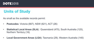 Units of Study
As small as the available records permit:
• Postcodes: Victoria (667), NSW (621), ACT (26)
• Statistical Local Areas (SLA) : Queensland (475), South Australia (125),
Northern Territory (16)
• Local Government Areas (LGA): Tasmania (29), Western Australia (140)
 