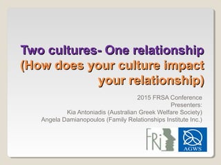 Two cultures- One relationshipTwo cultures- One relationship
(How does your culture impact(How does your culture impact
your relationship)your relationship)
2015 FRSA Conference
Presenters:
Kia Antoniadis (Australian Greek Welfare Society)
Angela Damianopoulos (Family Relationships Institute Inc.)
 