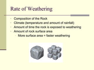 Rate of Weathering Composition of the Rock Climate (temperature and amount of rainfall) Amount of time the rock is exposed to weathering Amount of rock surface area  More surface area = faster weathering 