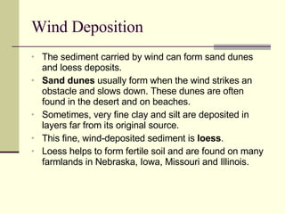 Wind Deposition The sediment carried by wind can form sand dunes and loess deposits. Sand dunes  usually form when the wind strikes an obstacle and slows down. These dunes are often found in the desert and on beaches. Sometimes, very fine clay and silt are deposited in layers far from its original source. This fine, wind-deposited sediment is  loess . Loess helps to form fertile soil and are found on many farmlands in Nebraska, Iowa, Missouri and Illinois. 