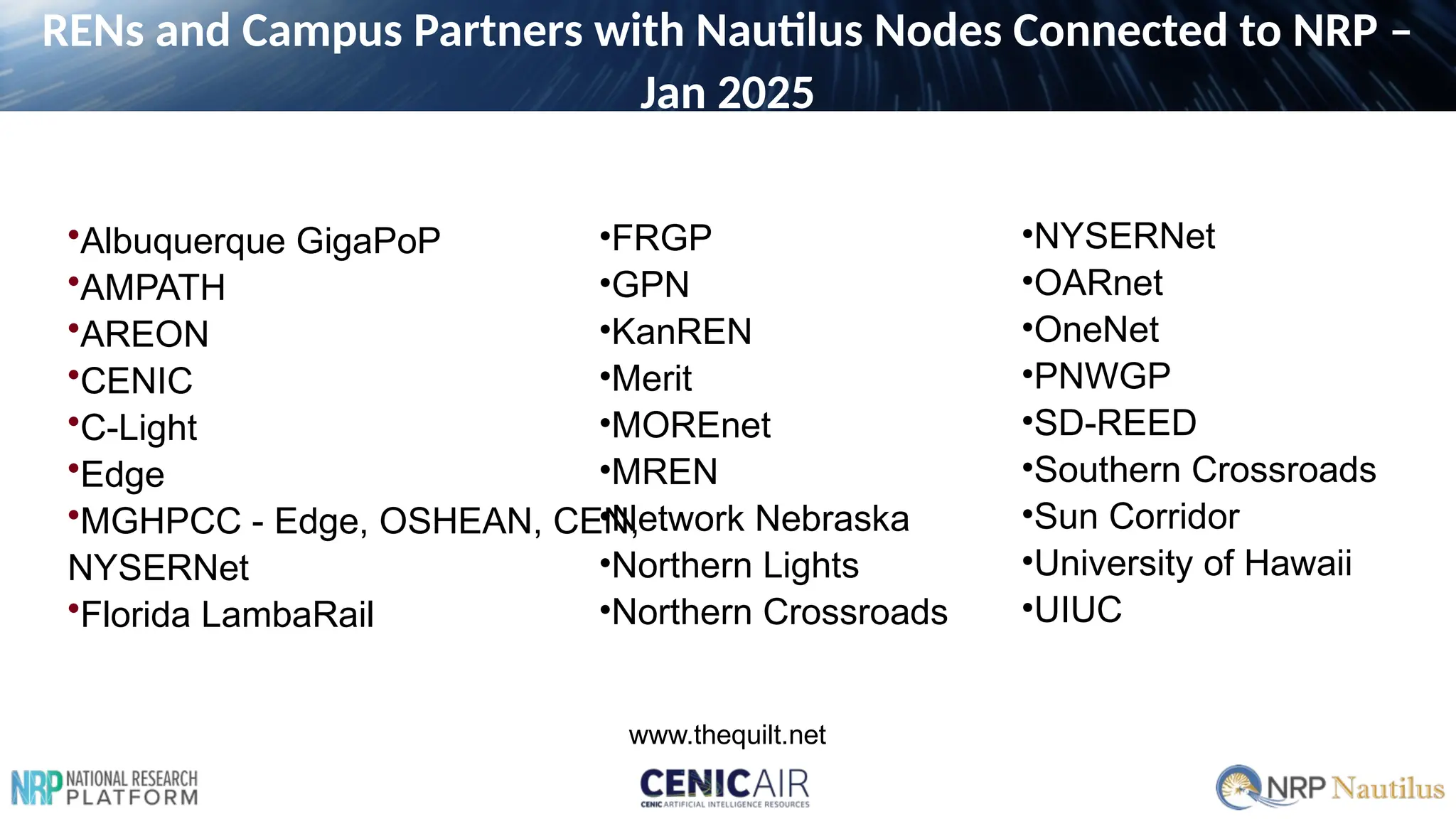 RENs and Campus Partners with Nautilus Nodes Connected to NRP –
Jan 2025
•Albuquerque GigaPoP
•AMPATH
•AREON
•CENIC
•C-Light
•Edge
•MGHPCC - Edge, OSHEAN, CEN,
NYSERNet
•Florida LambaRail
•FRGP
•GPN
•KanREN
•Merit
•MOREnet
•MREN
•Network Nebraska
•Northern Lights
•Northern Crossroads
•NYSERNet
•OARnet
•OneNet
•PNWGP
•SD-REED
•Southern Crossroads
•Sun Corridor
•University of Hawaii
•UIUC
www.thequilt.net
 