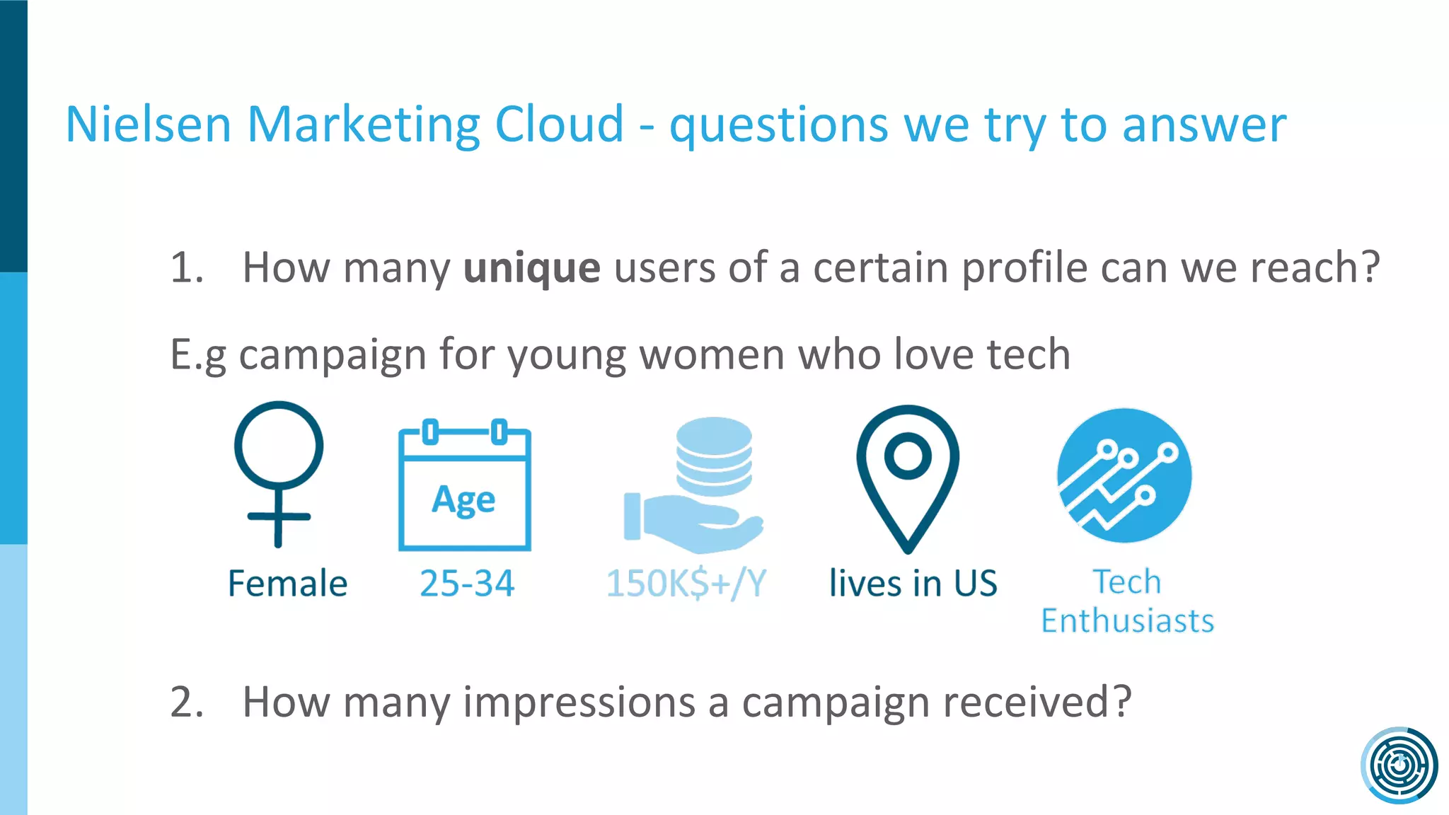 Nielsen Marketing Cloud - questions we try to answer
1. How many unique users of a certain profile can we reach?
E.g campaign for young women who love tech
2. How many impressions a campaign received?
 