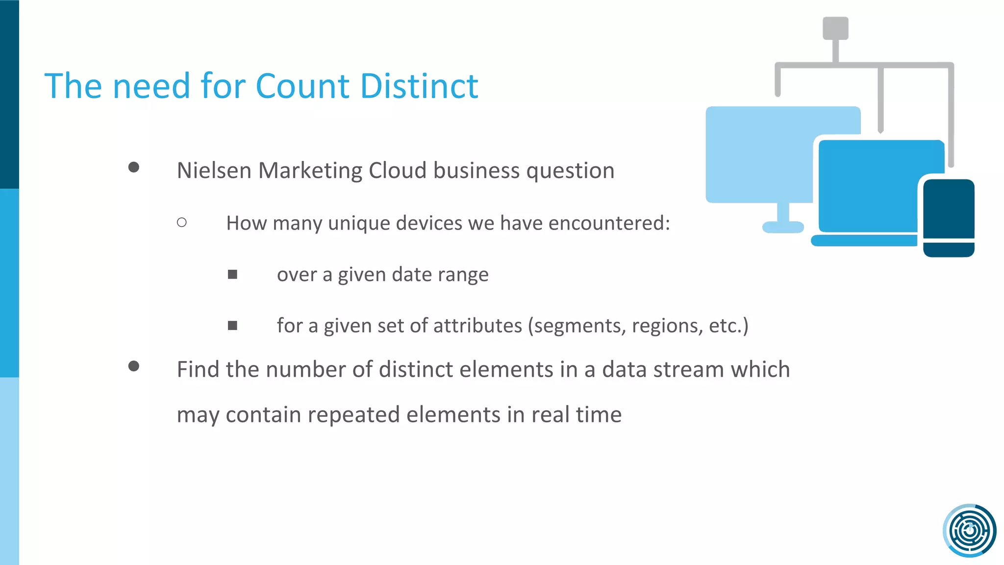 The need for Count Distinct
● Nielsen Marketing Cloud business question
○ How many unique devices we have encountered:
■ over a given date range
■ for a given set of attributes (segments, regions, etc.)
● Find the number of distinct elements in a data stream which
may contain repeated elements in real time
 