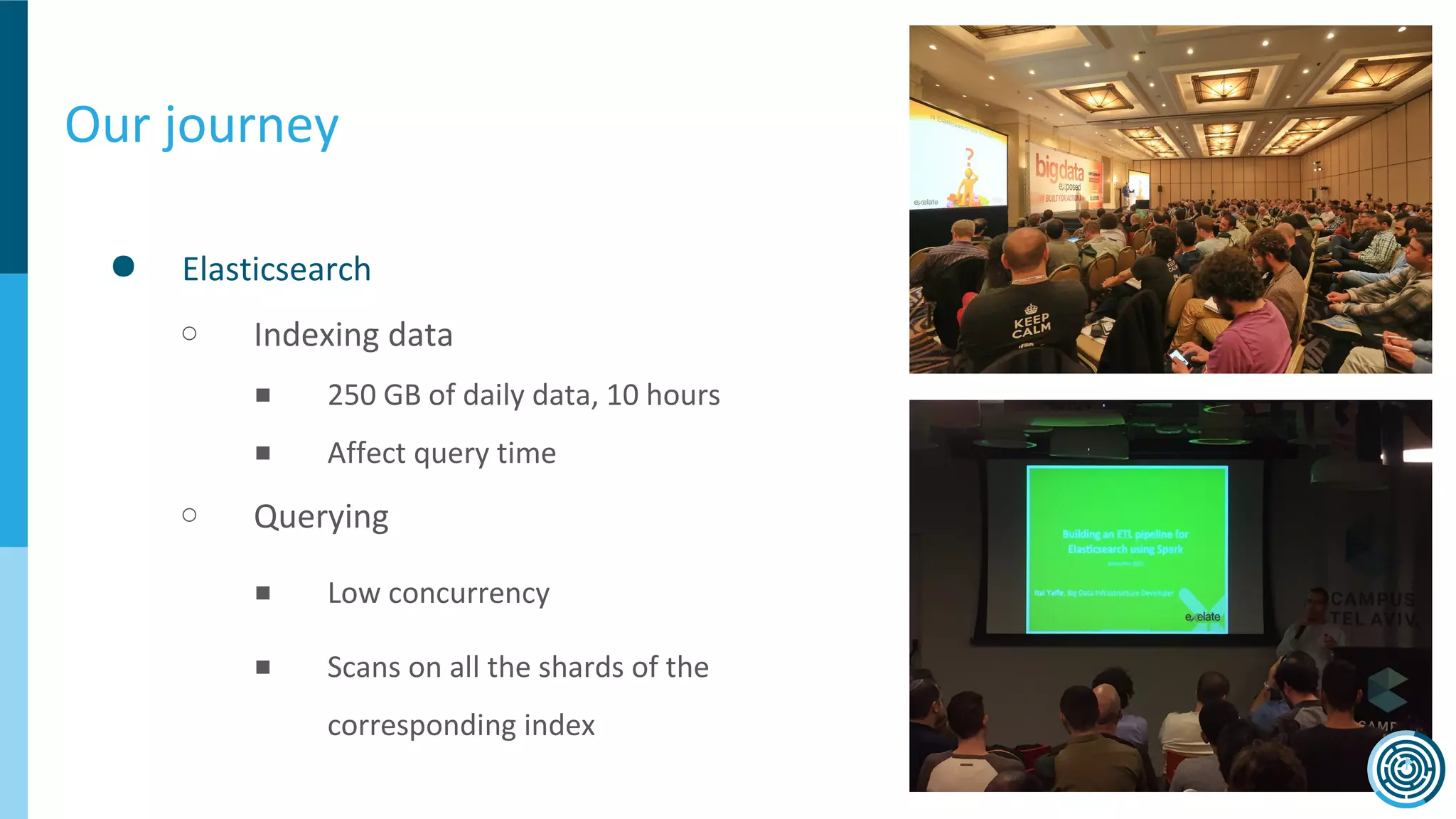 Our journey
● Elasticsearch
○ Indexing data
■ 250 GB of daily data, 10 hours
■ Affect query time
○ Querying
■ Low concurrency
■ Scans on all the shards of the
corresponding index
 