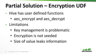 17 © Hortonworks Inc. 2011 – 2019. All Rights Reserved
Partial Solution – Encryption UDF
• Hive has user defined functions
• aes_encrypt and aes_decrypt
• Limitations
• Key management is problematic
• Encryption is not seeded
• Size of value leaks information
 