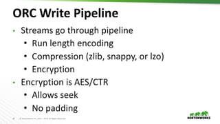 30 © Hortonworks Inc. 2011 – 2019. All Rights Reserved
ORC Write Pipeline
• Streams go through pipeline
• Run length encoding
• Compression (zlib, snappy, or lzo)
• Encryption
• Encryption is AES/CTR
• Allows seek
• No padding
 