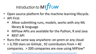 • Open source platform for the machine learning lifecycle.
• API First:
 Allow submitting runs, models, works with any ML...