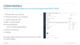 © Cloudera, Inc. All rights reserved.34 © Cloudera, Inc. All rights reserved.
CDSW MODELS
Machine learning models as one-click microservices (REST APIs)
1. Choose file, e.g. score.py
2. Choose function, e.g. forecast
f = open('model.pk', 'rb')
model = pickle.load(f)
def forecast(data):
return model.predict(data)
3. Choose resources
4. Deploy!
Running model containers also have access to CDH
for data lookups.
 