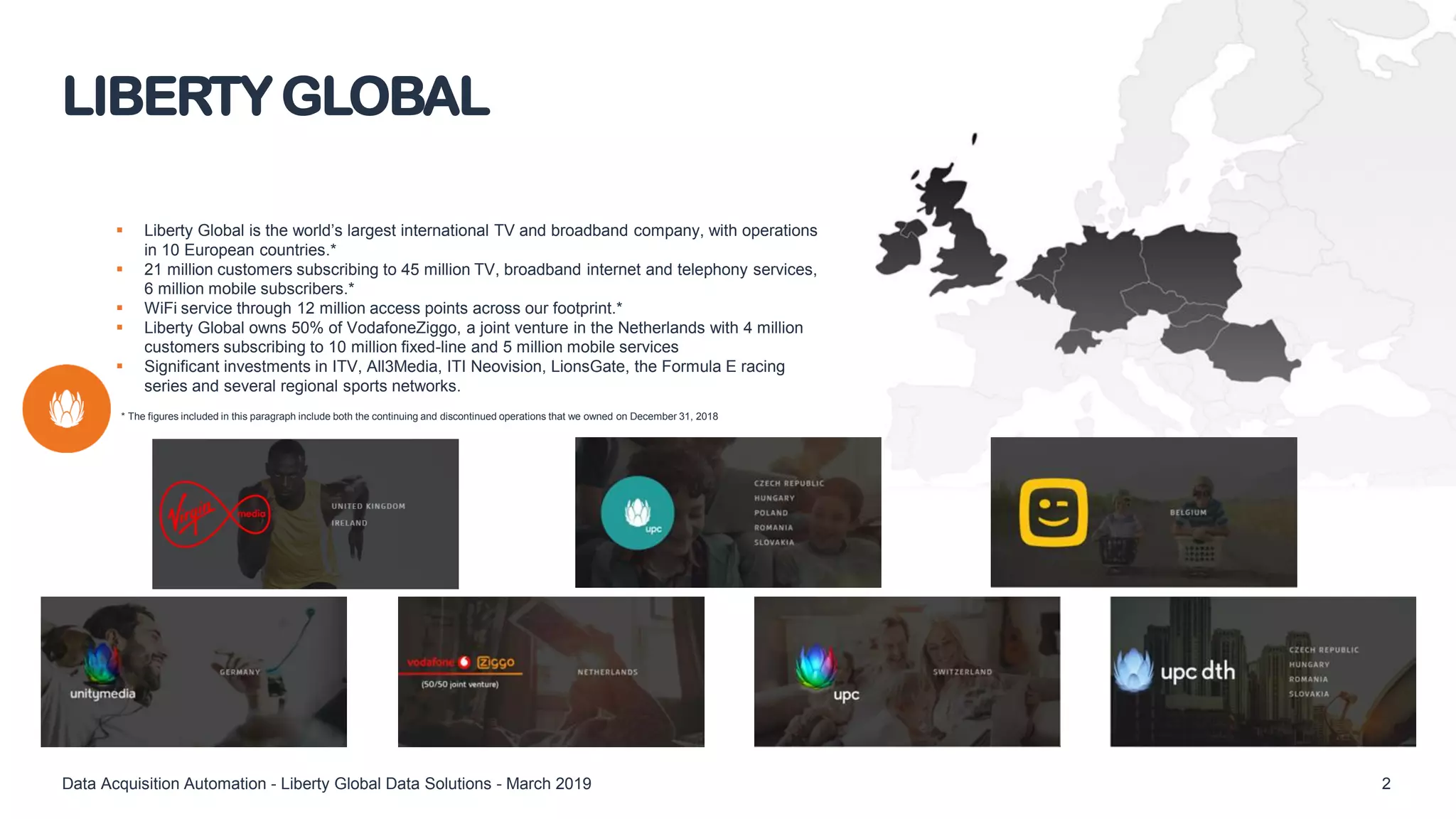  Liberty Global is the world’s largest international TV and broadband company, with operations
in 10 European countries.*
 21 million customers subscribing to 45 million TV, broadband internet and telephony services,
6 million mobile subscribers.*
 WiFi service through 12 million access points across our footprint.*
 Liberty Global owns 50% of VodafoneZiggo, a joint venture in the Netherlands with 4 million
customers subscribing to 10 million fixed-line and 5 million mobile services
 Significant investments in ITV, All3Media, ITI Neovision, LionsGate, the Formula E racing
series and several regional sports networks.
LIBERTY GLOBAL
Data Acquisition Automation - Liberty Global Data Solutions - March 2019 2
* The figures included in this paragraph include both the continuing and discontinued operations that we owned on December 31, 2018
 