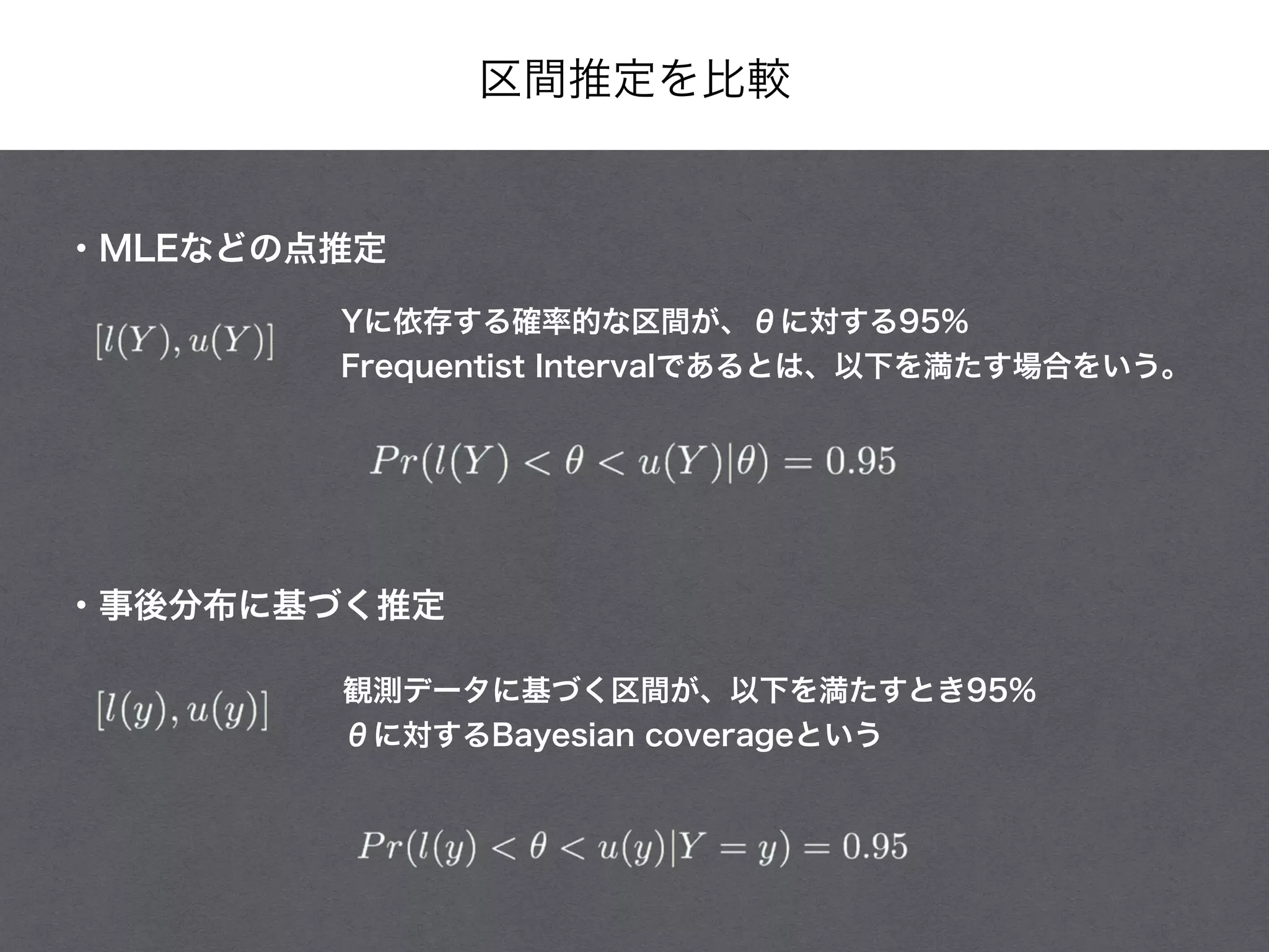 区間推定を比較
・事後分布に基づく推定
観測データに基づく区間が、以下を満たすとき95%
θに対するBayesian coverageという
・MLEなどの点推定
Yに依存する確率的な区間が、θに対する95%
Frequentist Intervalであるとは、以下を満たす場合をいう。
 