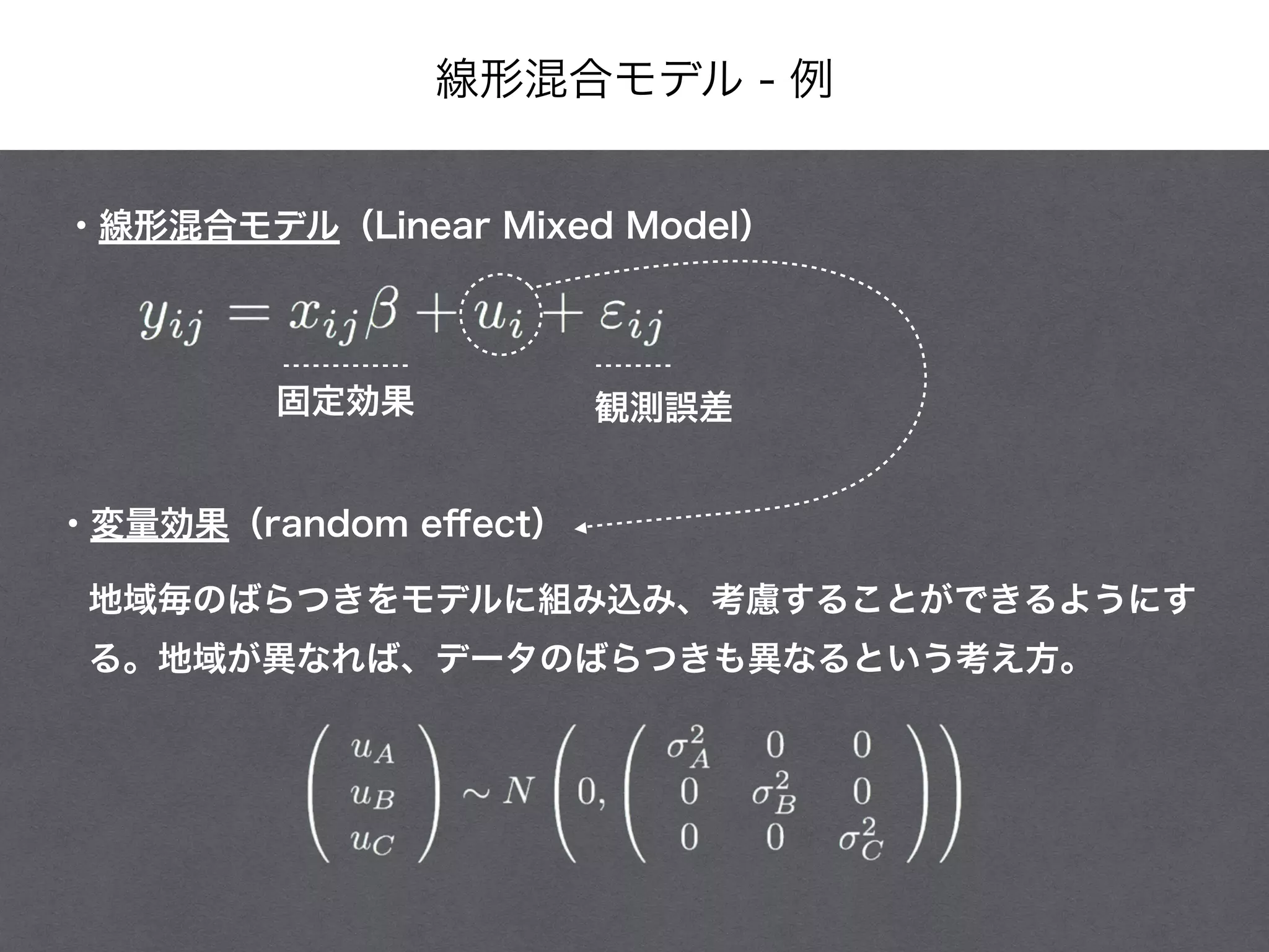 線形混合モデル - 例
・線形混合モデル（Linear Mixed Model）
固定効果 観測誤差
・変量効果（random eﬀect）
地域毎のばらつきをモデルに組み込み、考慮することができるようにす
る。地域が異なれば、データのばらつきも異なるという考え方。
 